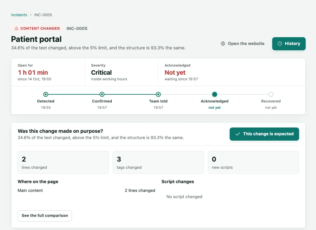 The Patient portal content-changed incident, with the Was this change made on purpose? question, the This change is expected button, the lines and tags changed and the See the full comparison button