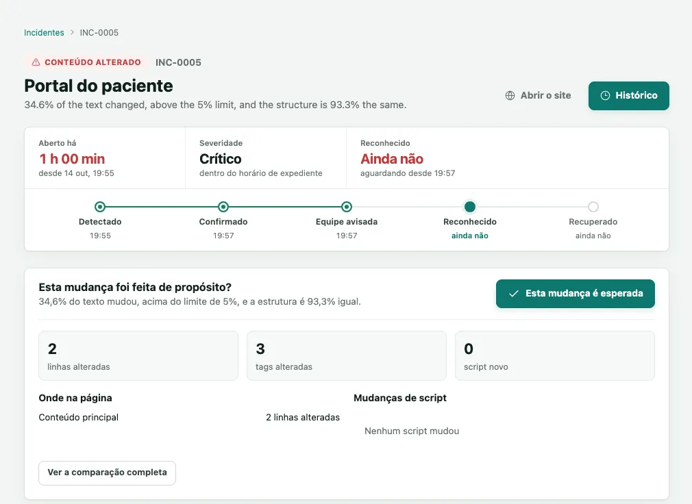 Incidente de conteúdo alterado do Portal do paciente, com a pergunta Esta mudança foi feita de propósito?, o botão Esta mudança é esperada, as linhas e tags alteradas e o botão Ver a comparação completa