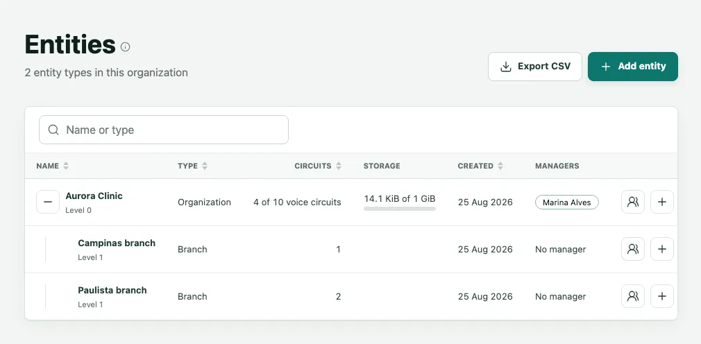 The Entities page, with Aurora Clinic at level 0 and the Campinas and Paulista branches at level 1, with their type, circuits, storage, creation date and managers