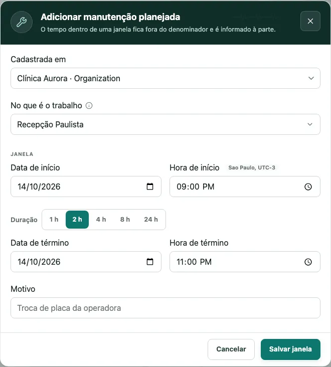 Janela Adicionar manutenção planejada, com os campos No que é o trabalho, Data e hora de início, Duração, Data e hora de término e Motivo