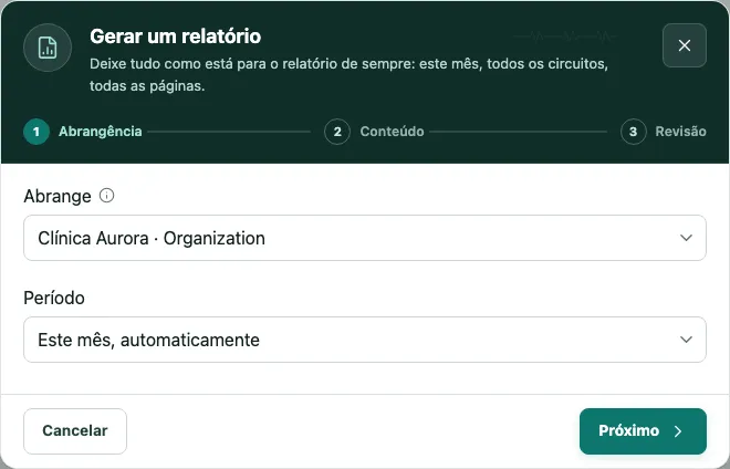 Janela Gerar um relatório, no passo Abrangência, com os campos Abrange e Período e o botão Próximo