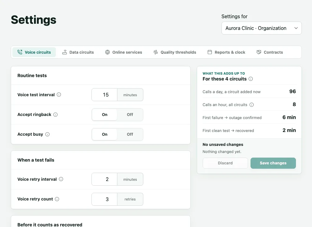 The Settings screen, Voice circuits tab, with the test interval, accept ringback and busy, the retries and the What this adds up to box