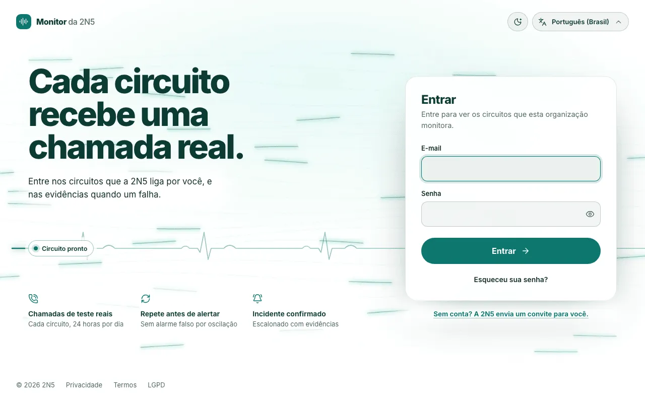 Tela de entrada do Monitor da 2N5, com os campos E-mail e Senha, o botão Entrar e o link Esqueceu sua senha?