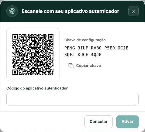Janela Escaneie com seu aplicativo autenticador, com o QR code, a chave de configuração e o campo do código